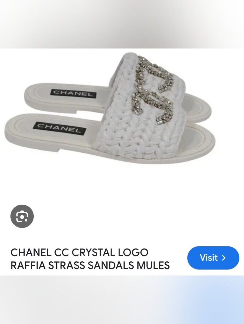 Authenic CHANEL CC CRYSTAL LOGO RAFFIA STRASS  White Braided  CC Slide Mules